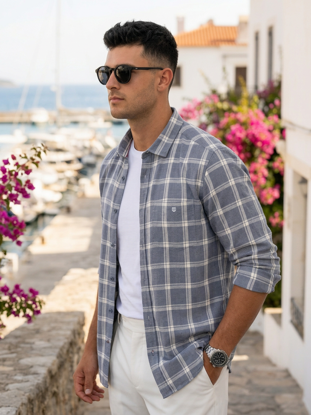 Storm Blue and Cream Checked Casual Shirt