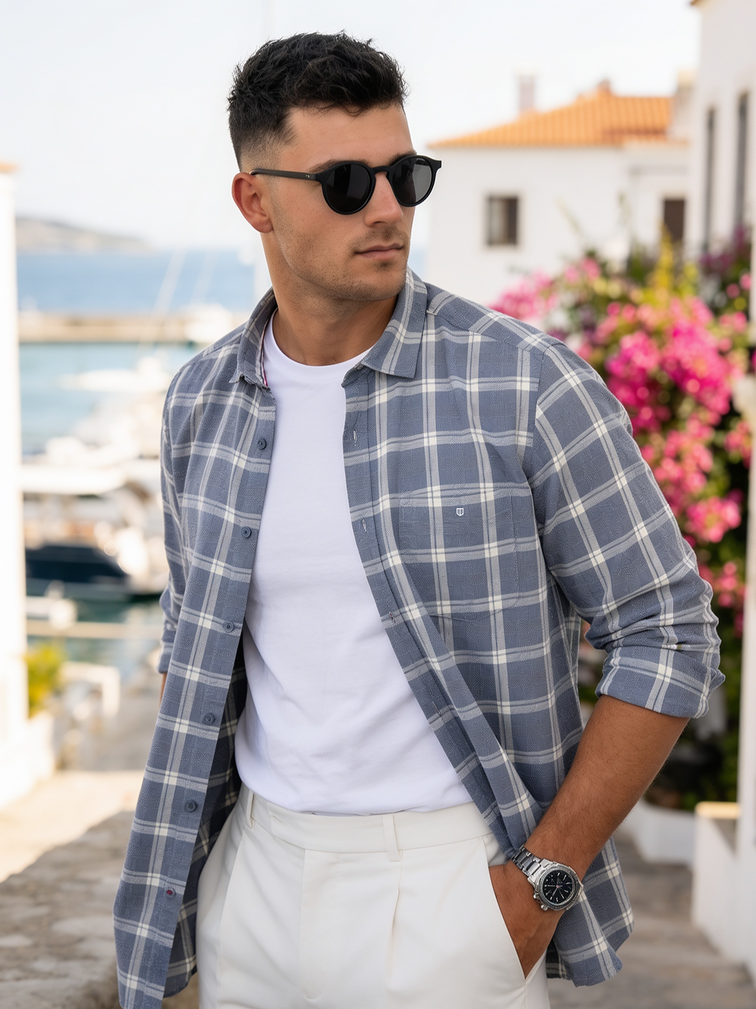 Storm Blue and Cream Checked Casual Shirt