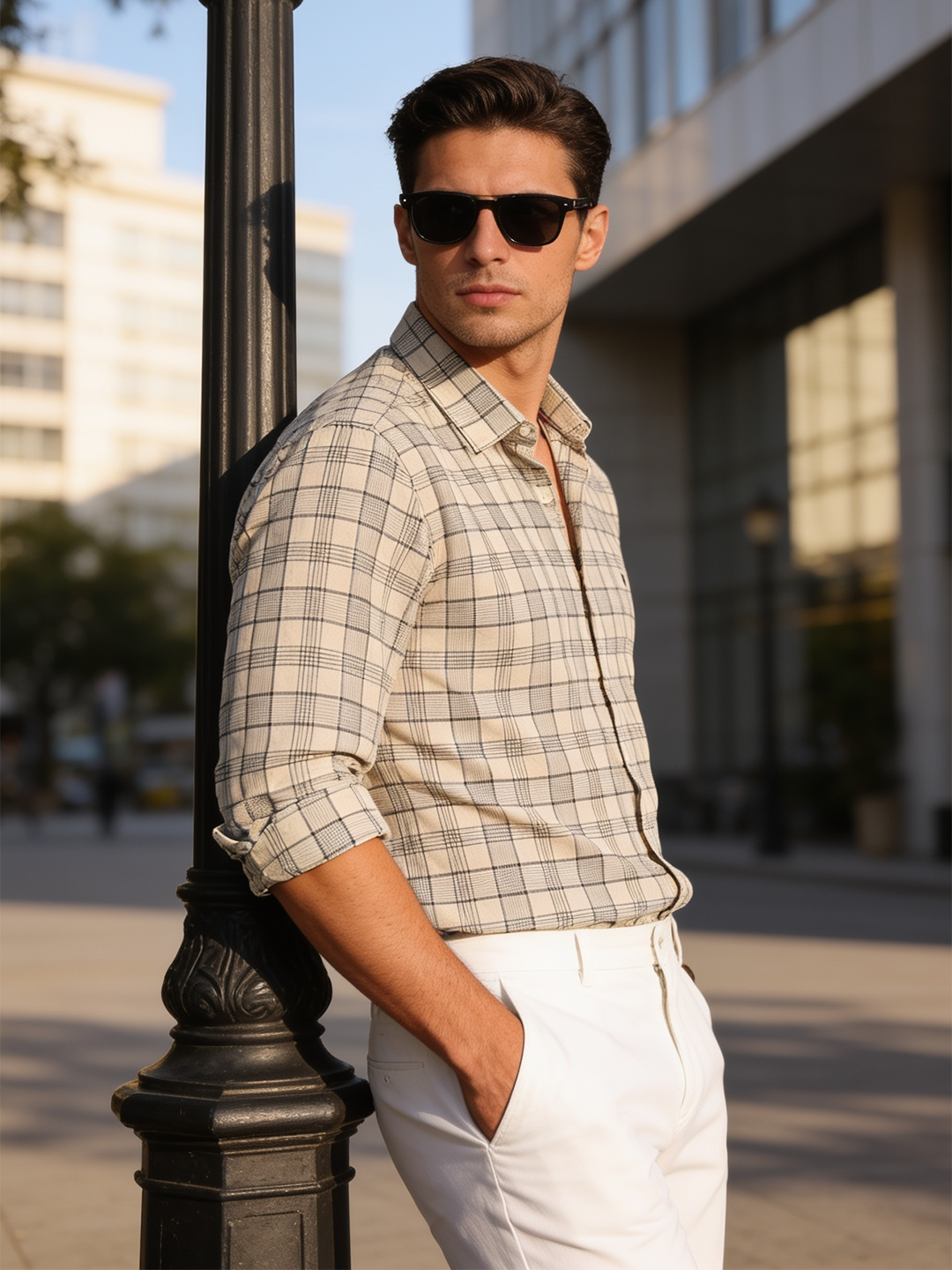 Cream and Grey Checked Casual Shirt