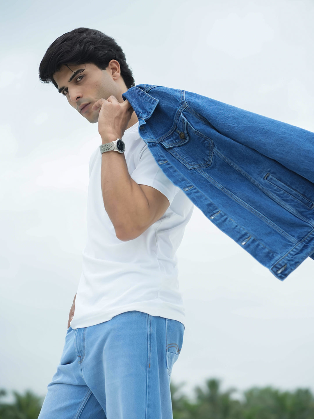Mid Blue Plain Denim Jacket With Dual Pockets
