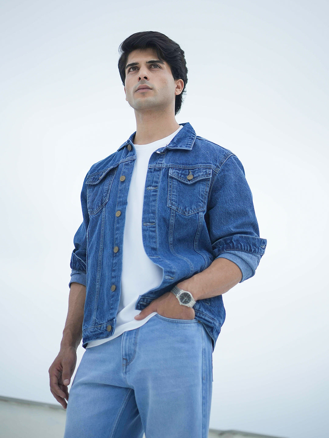 Mid Blue Plain Denim Jacket With Dual Pockets