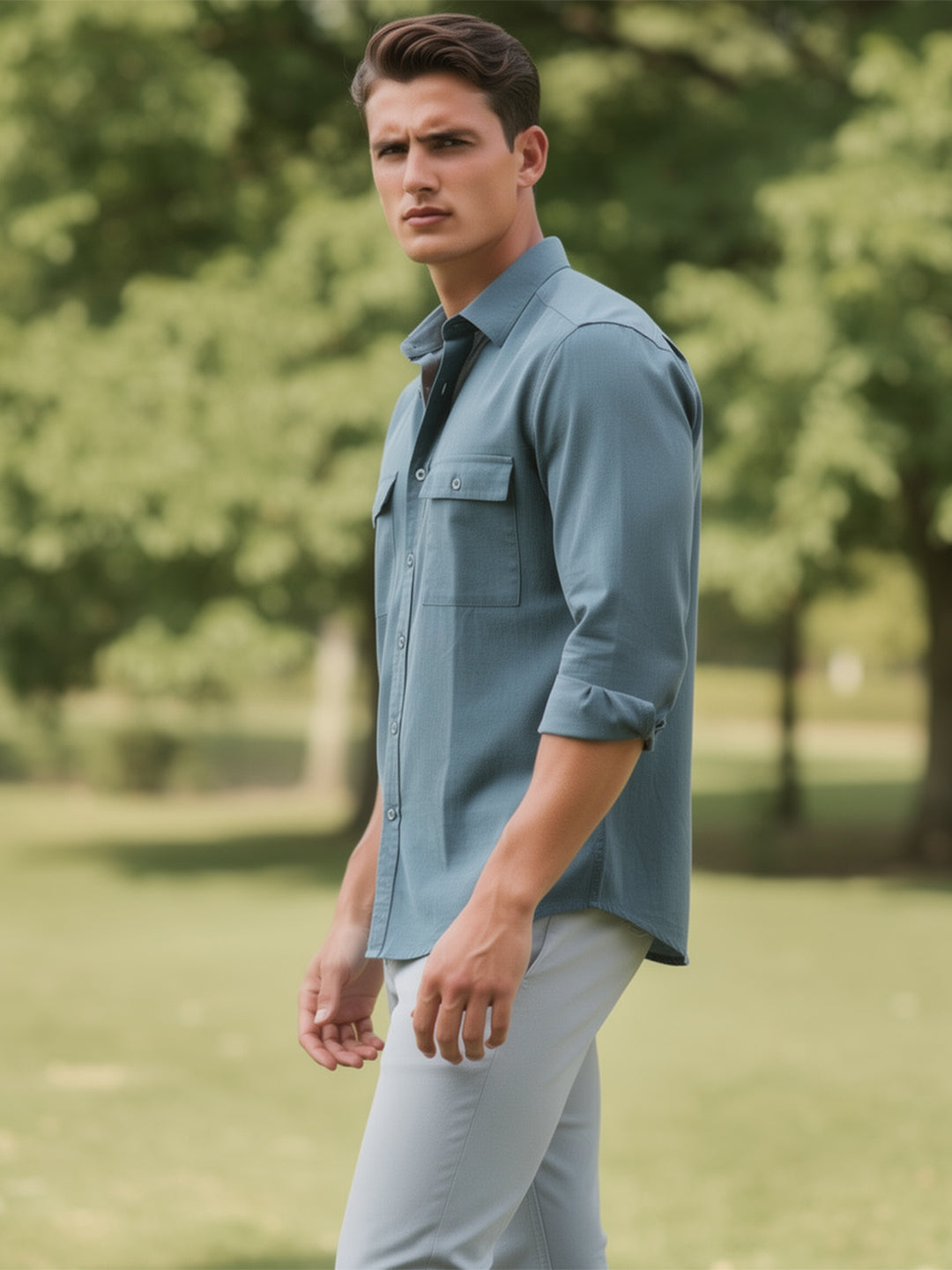 Sage Ocean Green Plain Casual Shirt With Dual Pockets