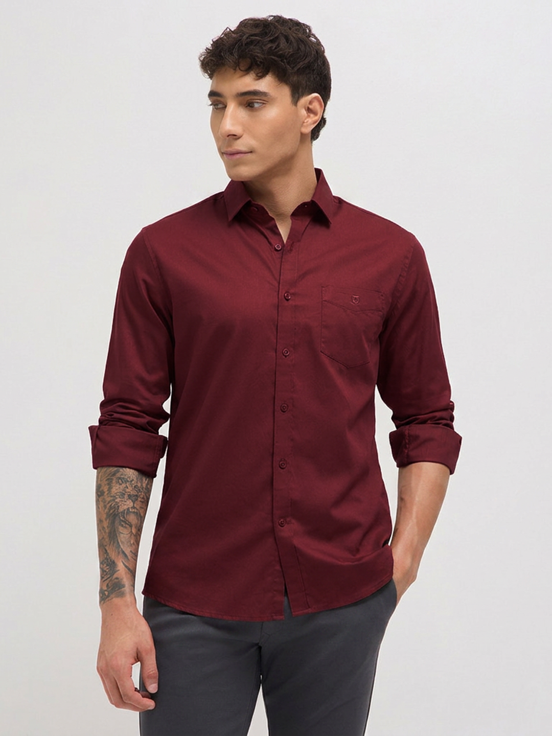 Maroon Twill Satin Solid Casual Shirt