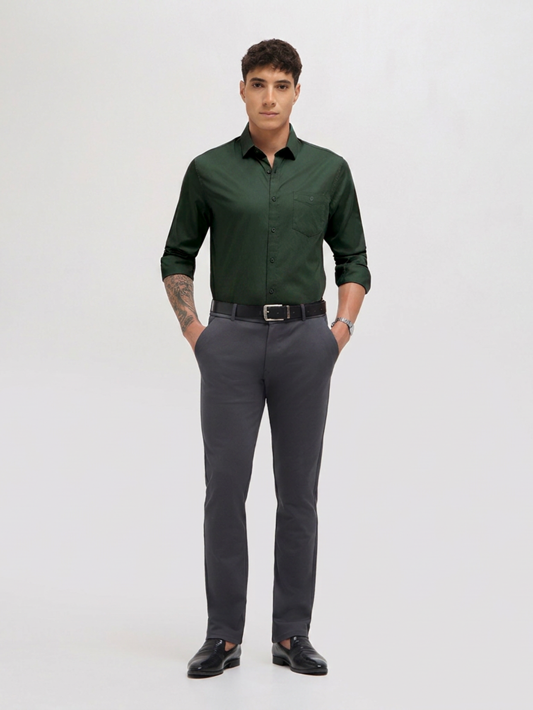 Dark Green Twill Satin Solid Casual Shirt