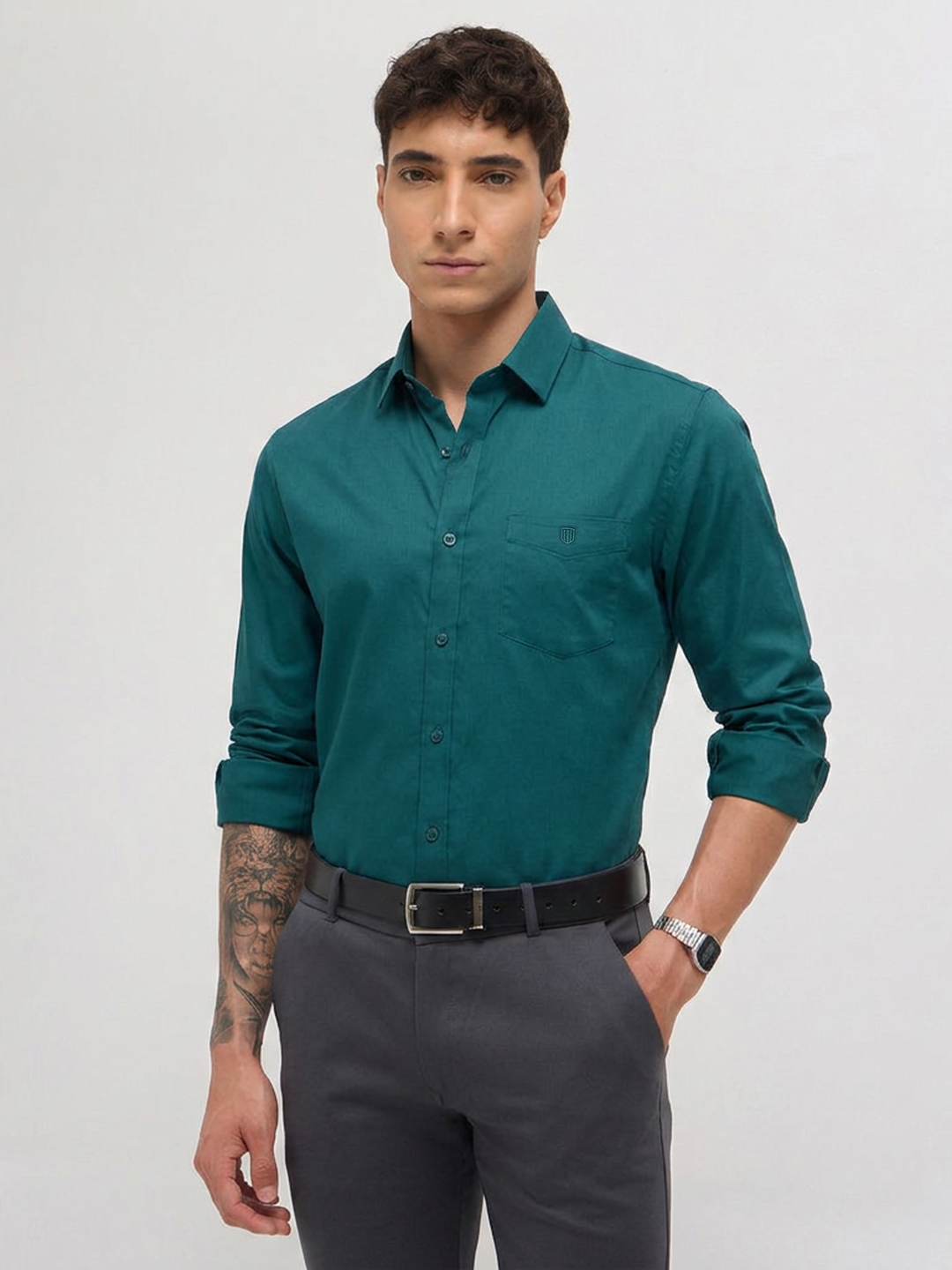 Teal Green Twill Satin Solid Casual Shirt
