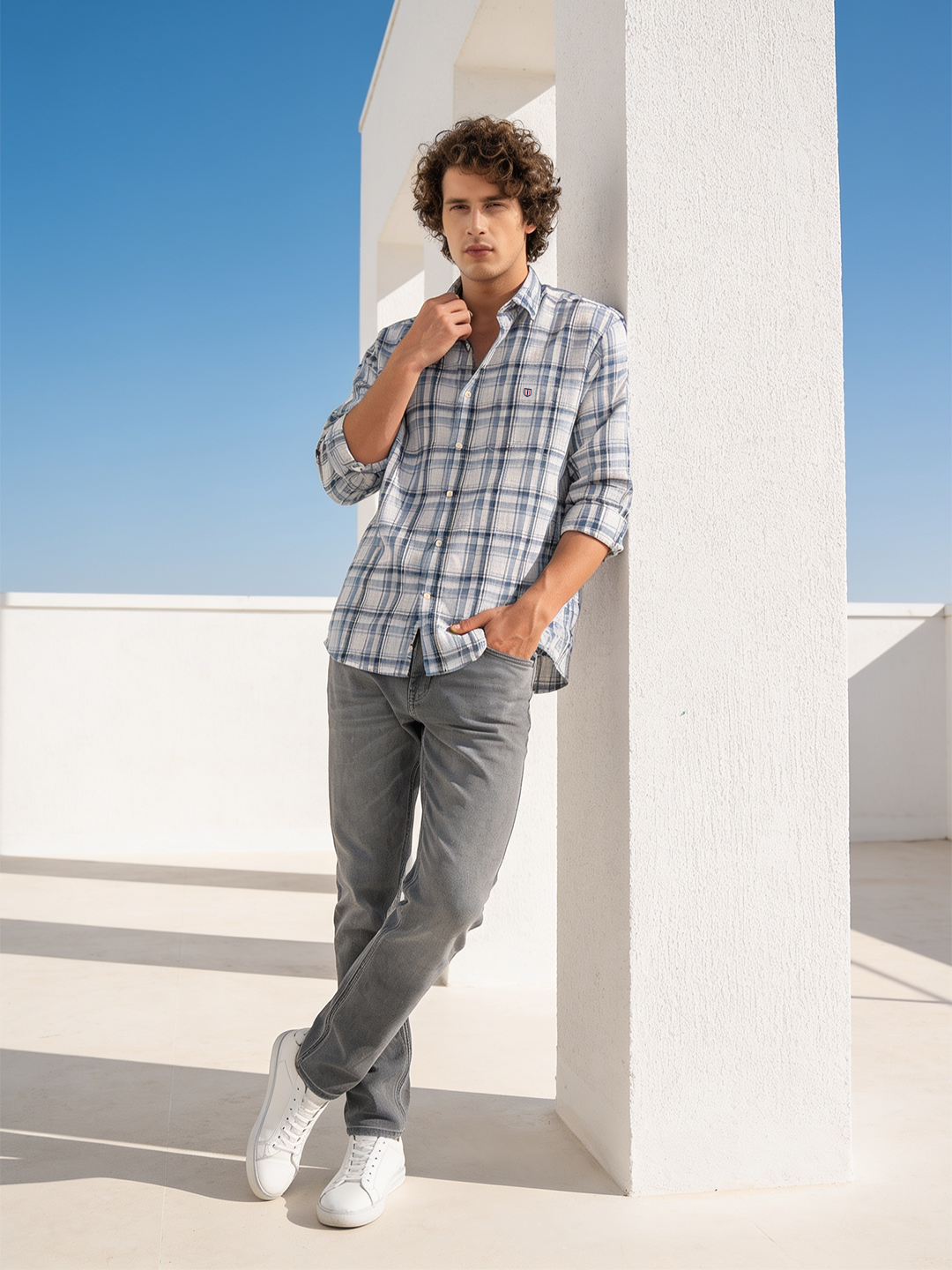 Cloud Grey and Steel Blue Checked Casual Shirt