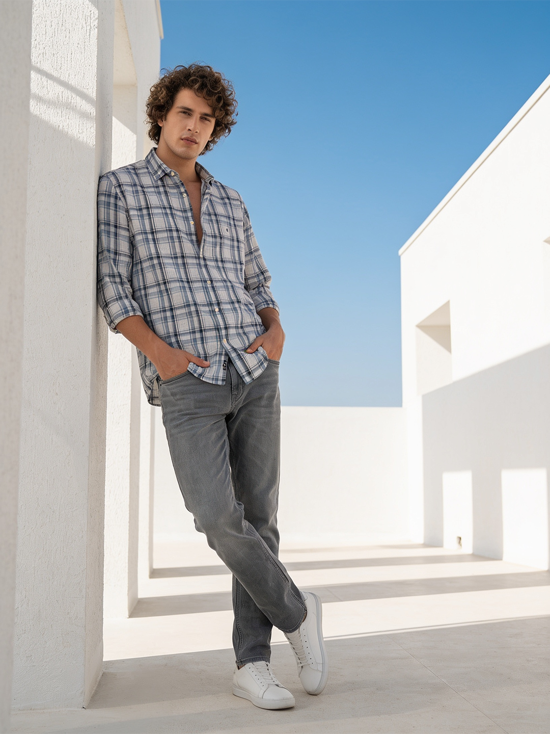 Cloud Grey and Steel Blue Checked Casual Shirt