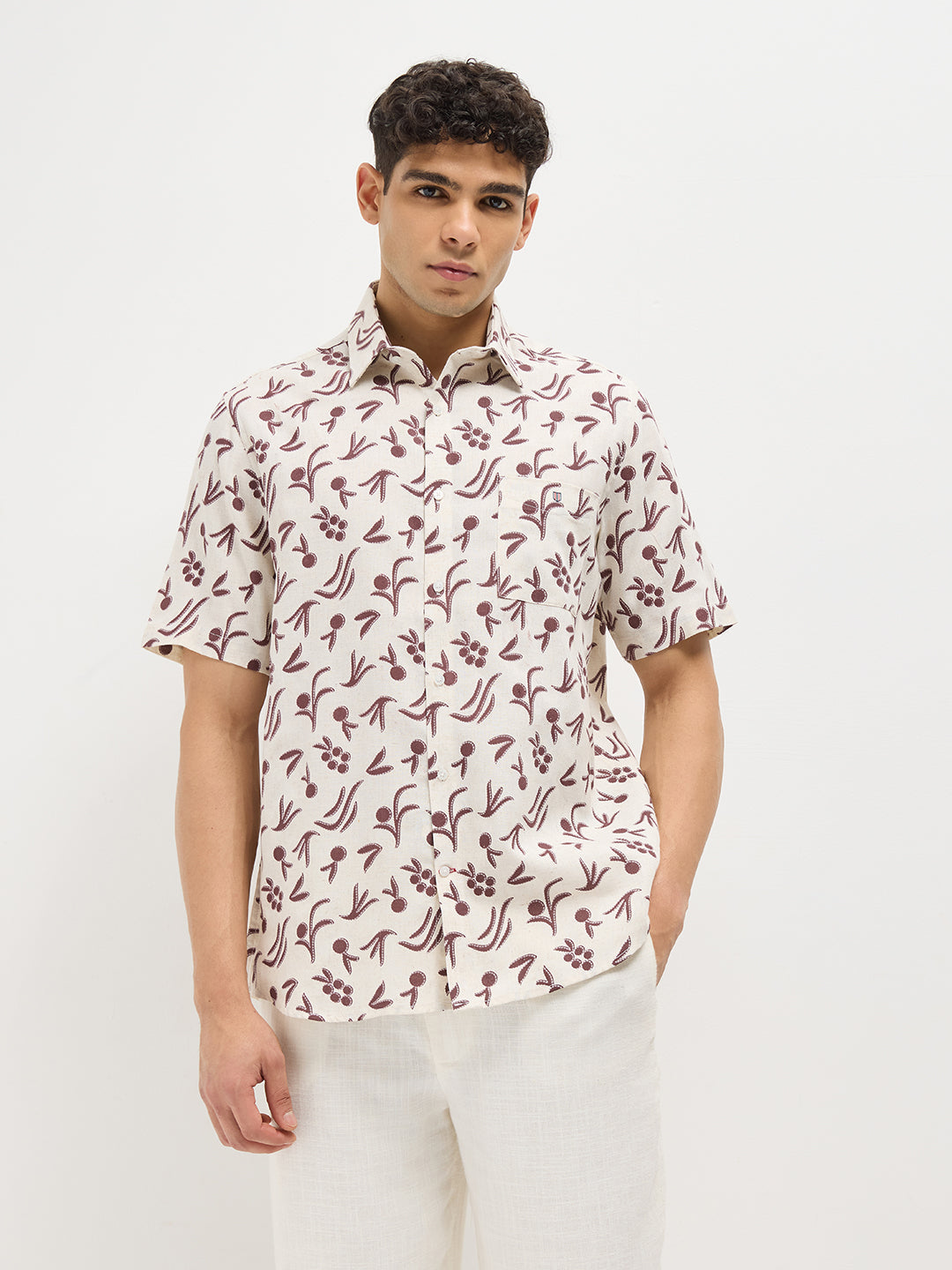 Maroon and Cream Leaf Printed Casual Shirt