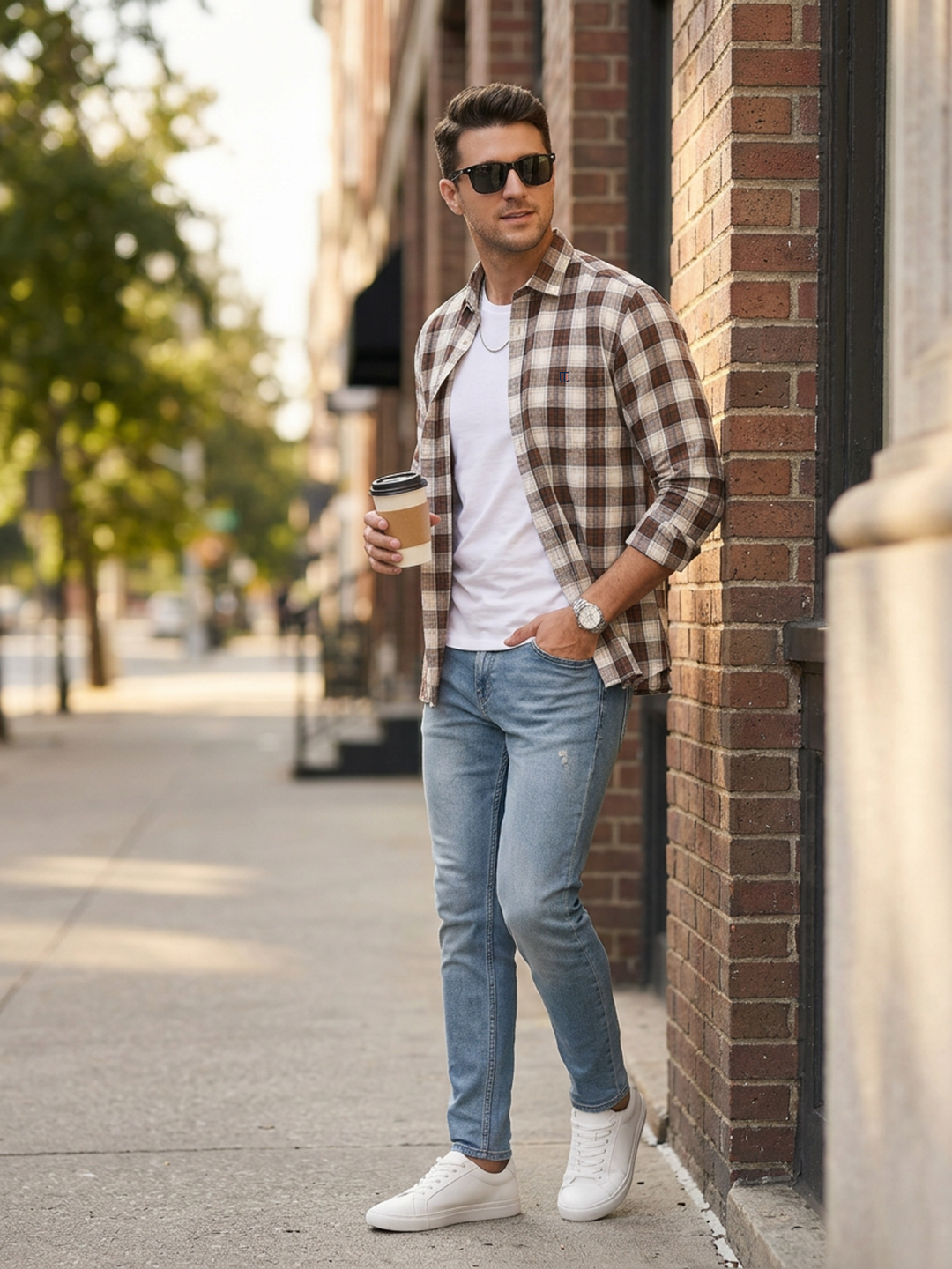 Saddle Brown and Ivory Checked Casual Shirt