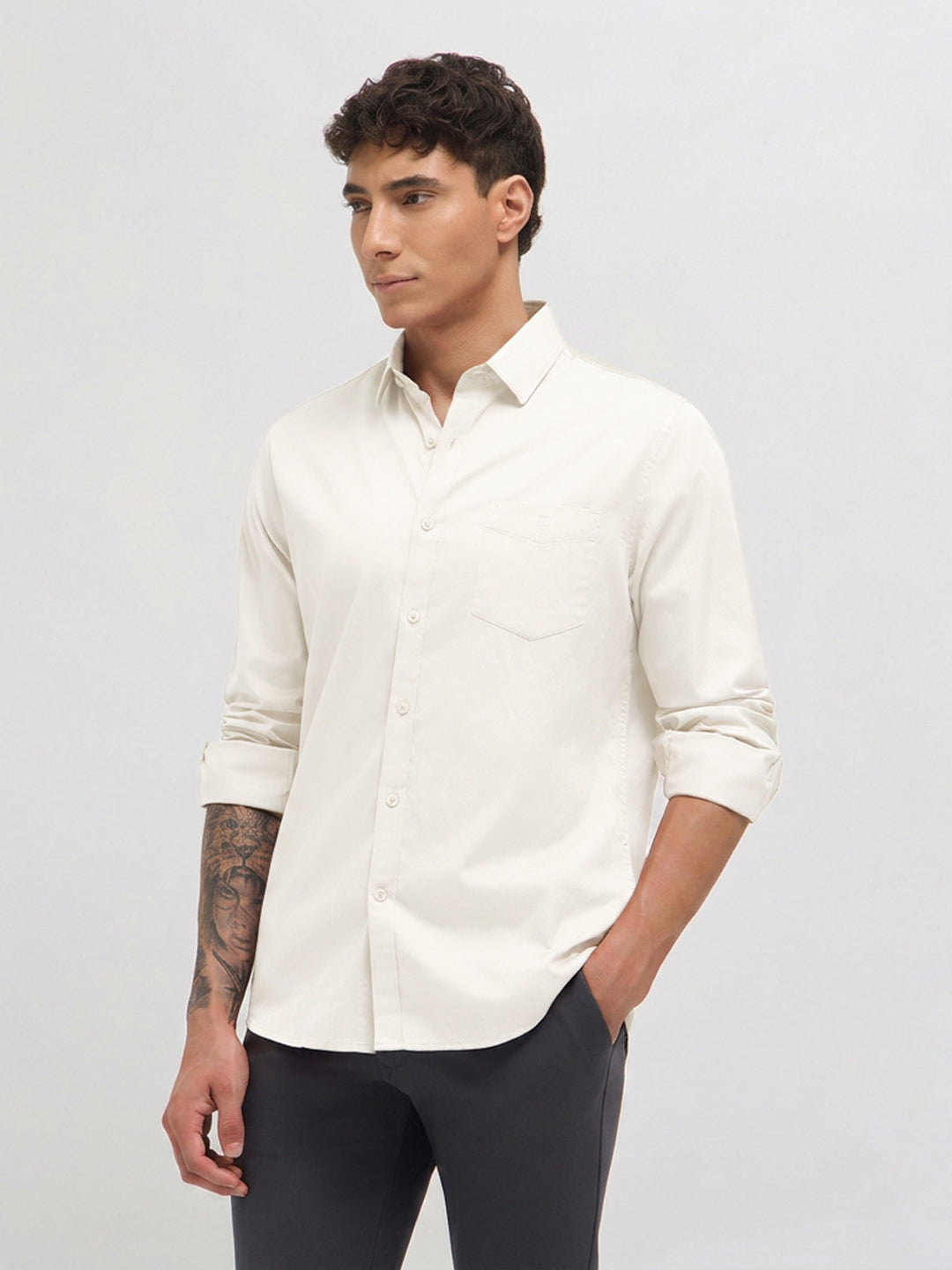 Ivory Twill Satin Solid Casual Shirt