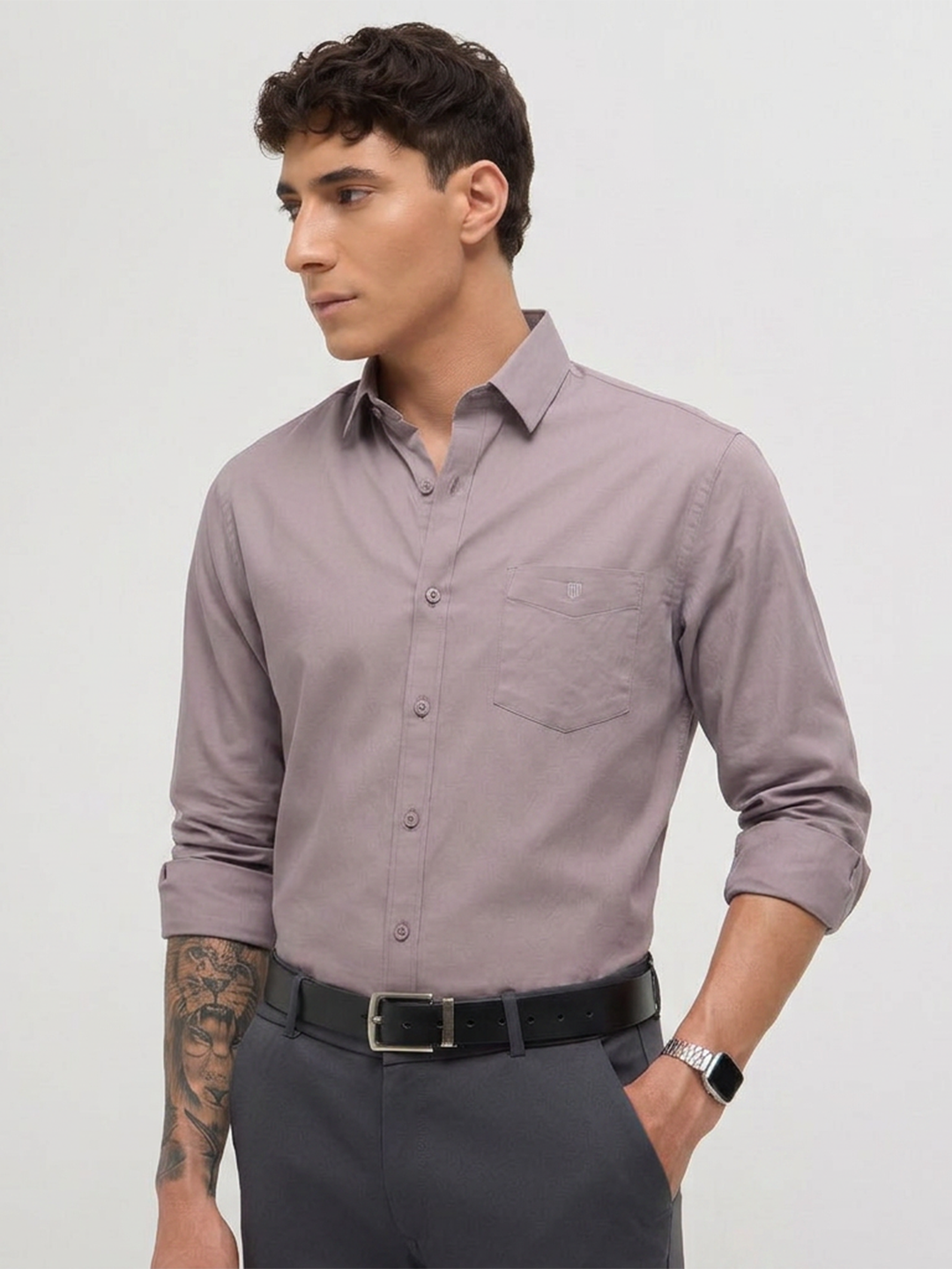 Light Khaki Twill Satin Solid Casual Shirt
