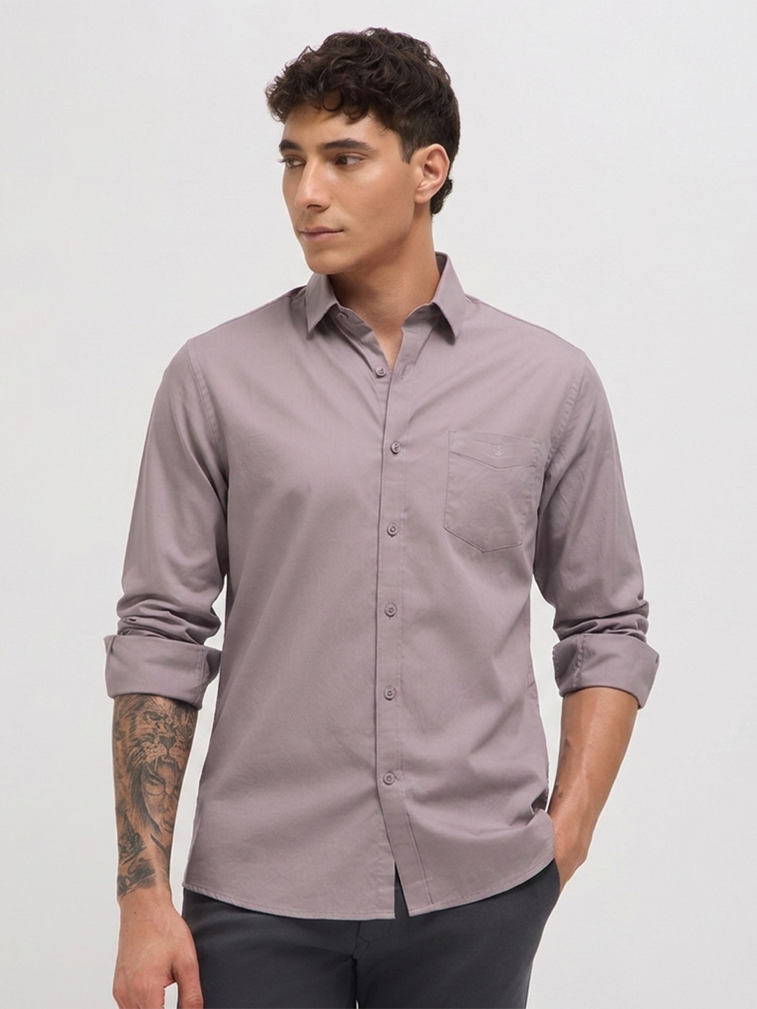 Light Khaki Twill Satin Solid Casual Shirt