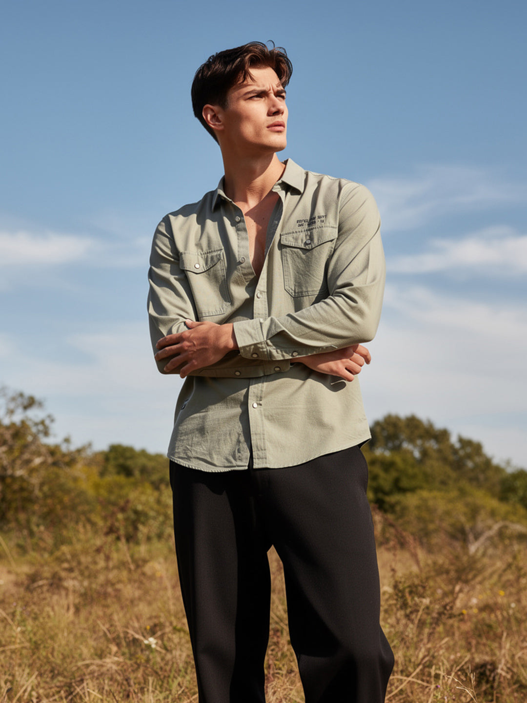 Stone Khaki Semi Casual Shirt With Dual Pockets