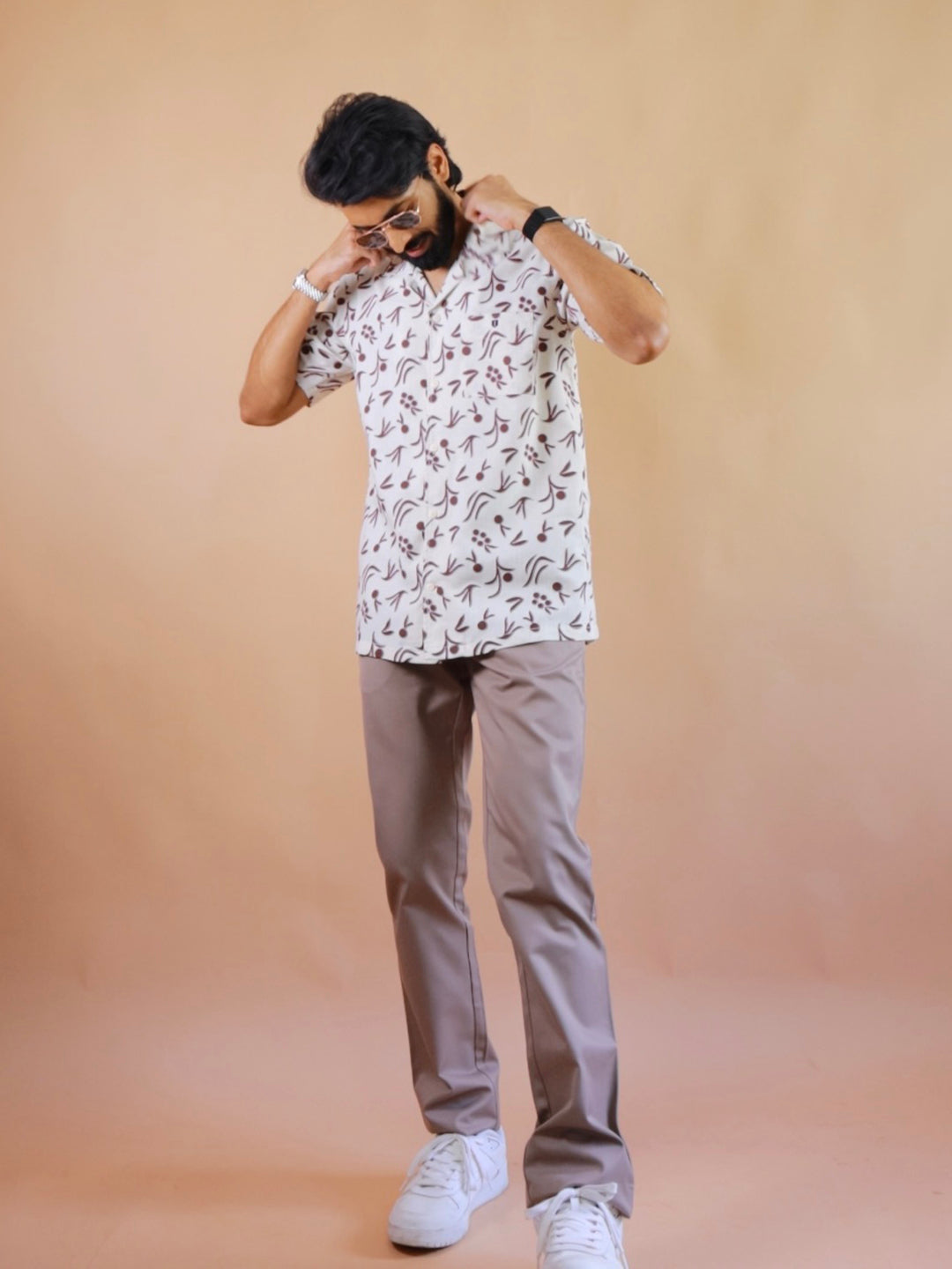 Maroon and Cream Leaf Printed Casual Shirt