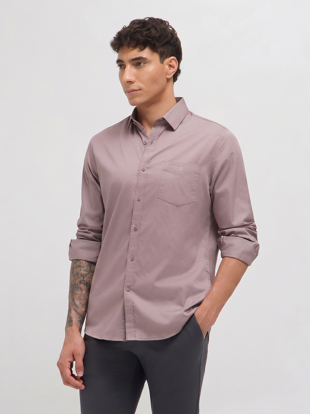 Light Khaki Twill Satin Solid Casual Shirt
