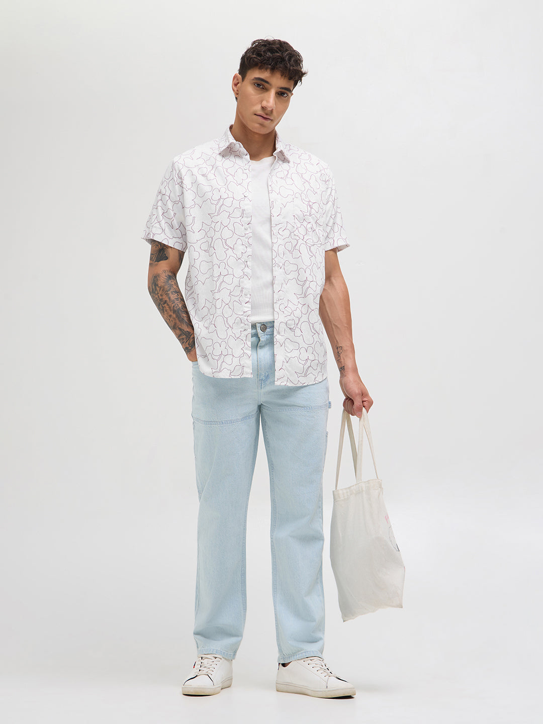 Maroon and White Abstract Line Printed Casual Shirt