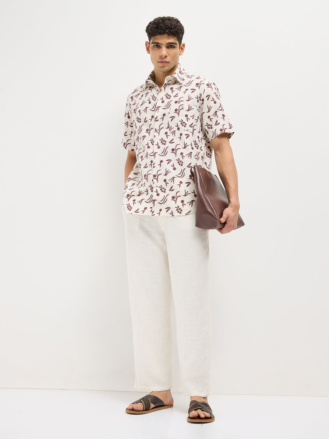 Maroon and Cream Leaf Printed Casual Shirt