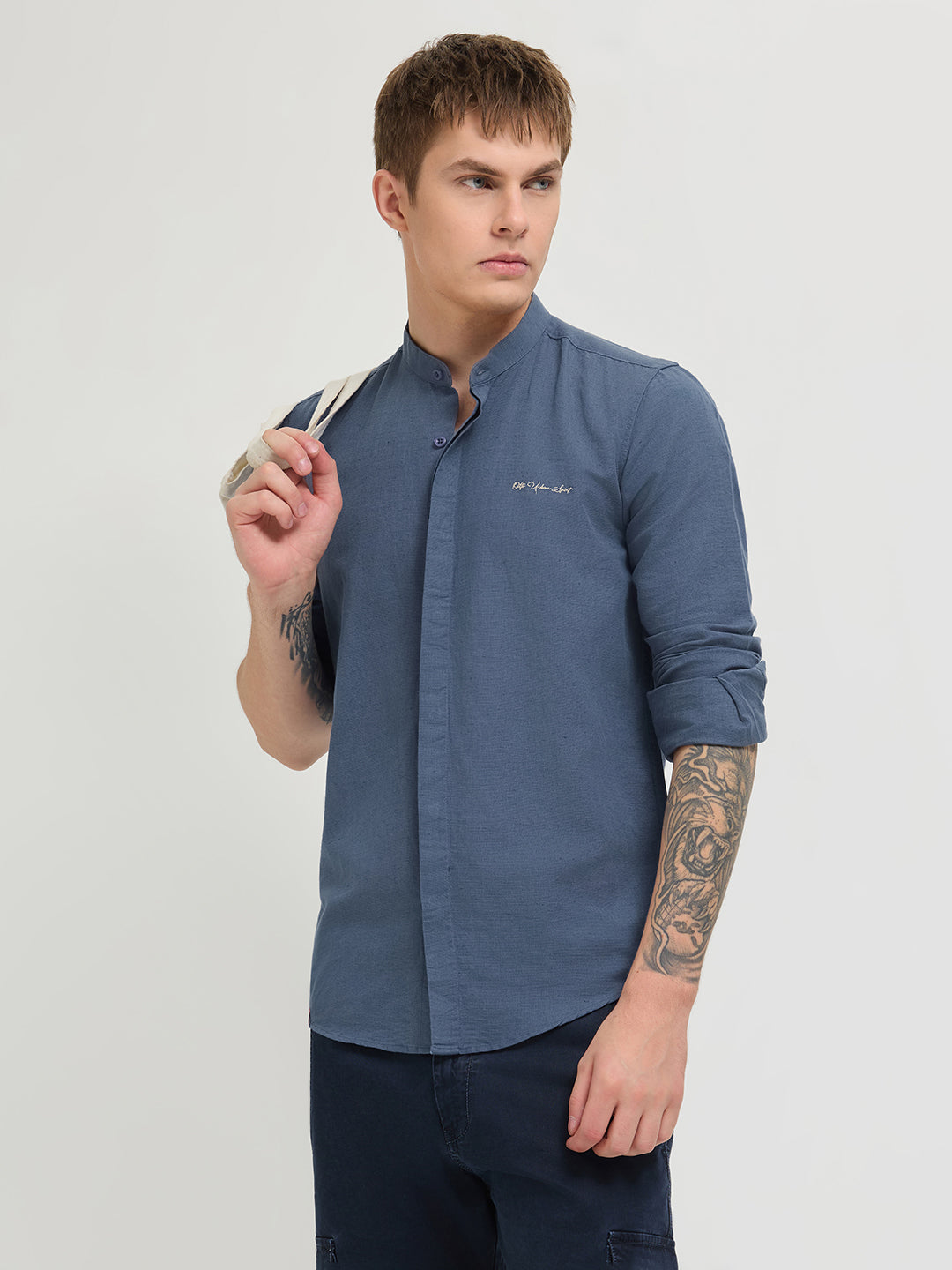 Orion Blue Textured Printed Casual Shirt