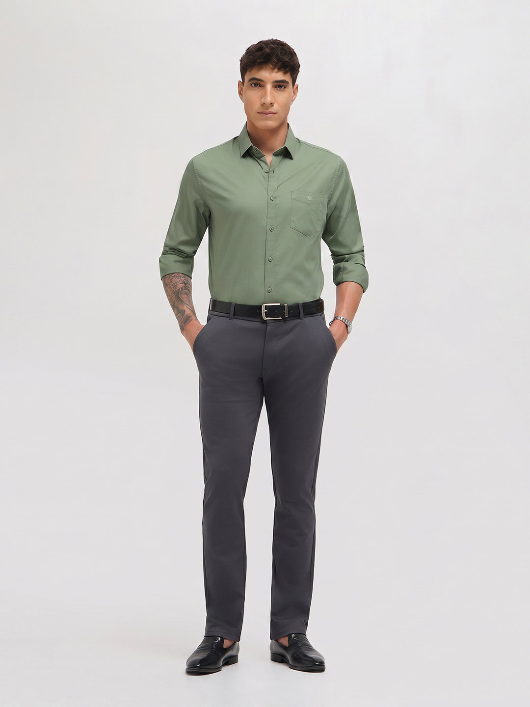 Pista Green Twill Satin Solid Casual Shirt