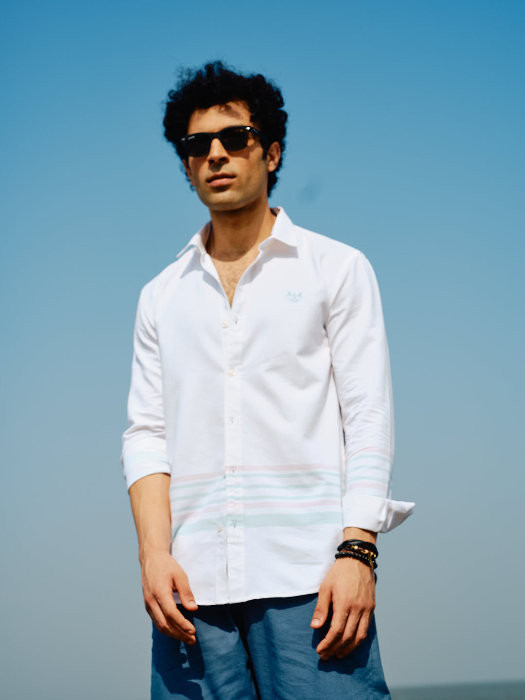 Moon White Panel Stripes Urban Casual Shirt