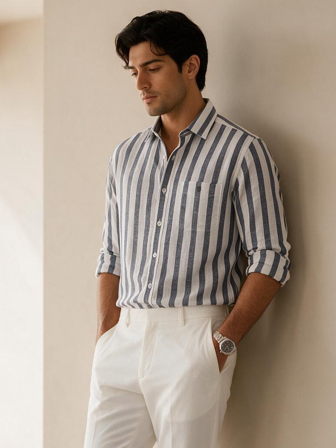 Shadow Blue Grey Vertical Stripes Casual Shirt