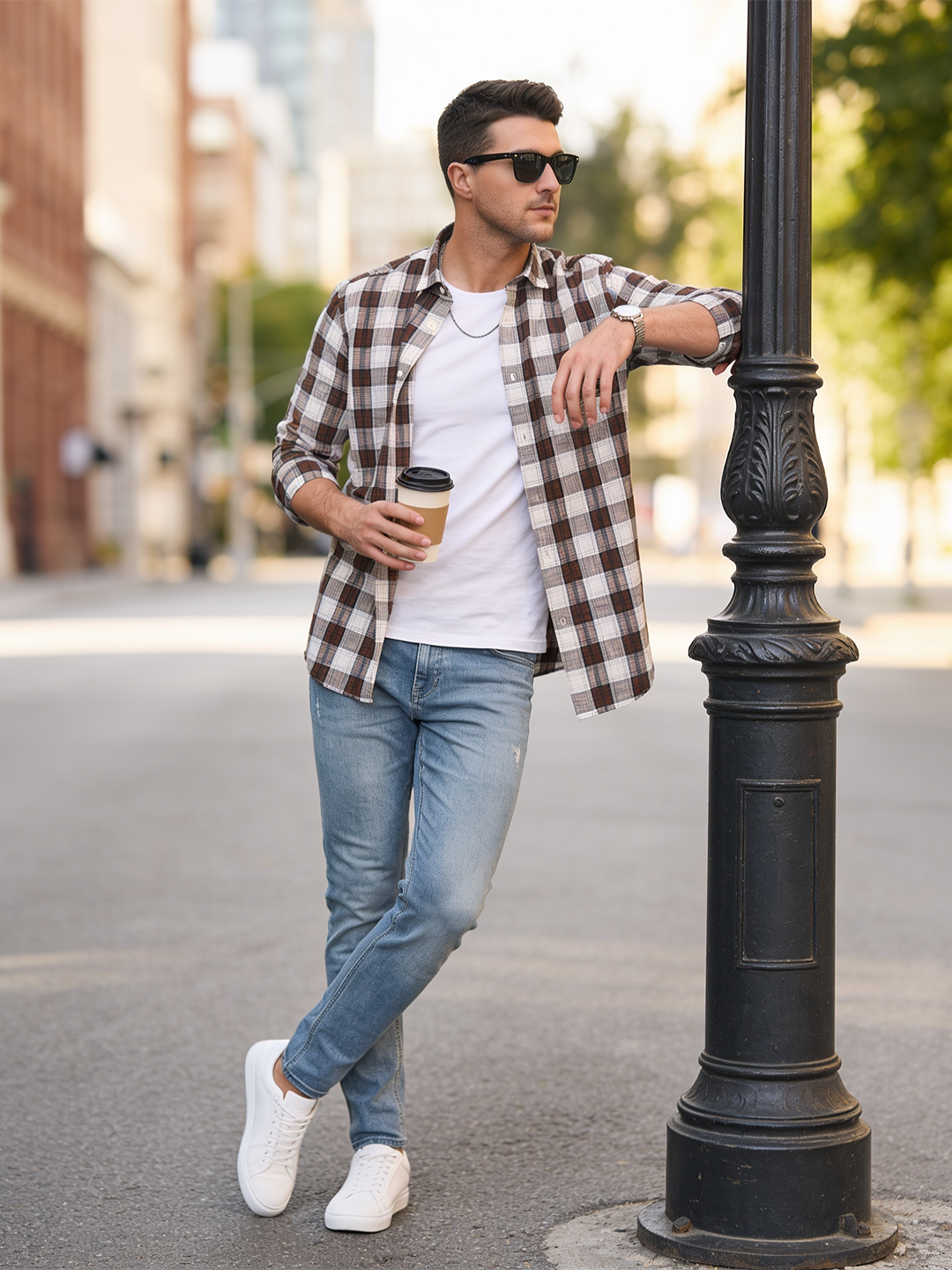 Saddle Brown and Ivory Checked Casual Shirt