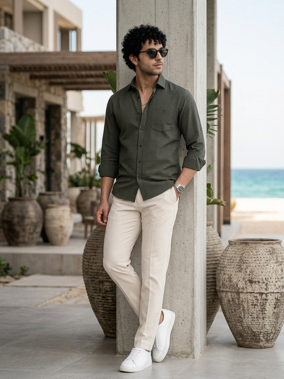 Woodland Green and Black Micro Checked Casual Shirt