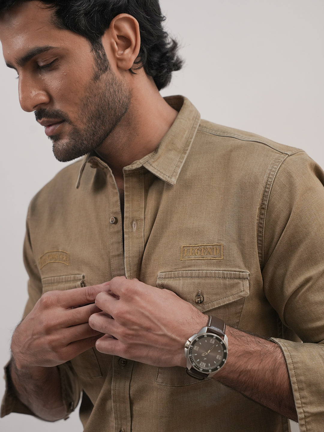 Khaki Beige Printed Casual Shirt