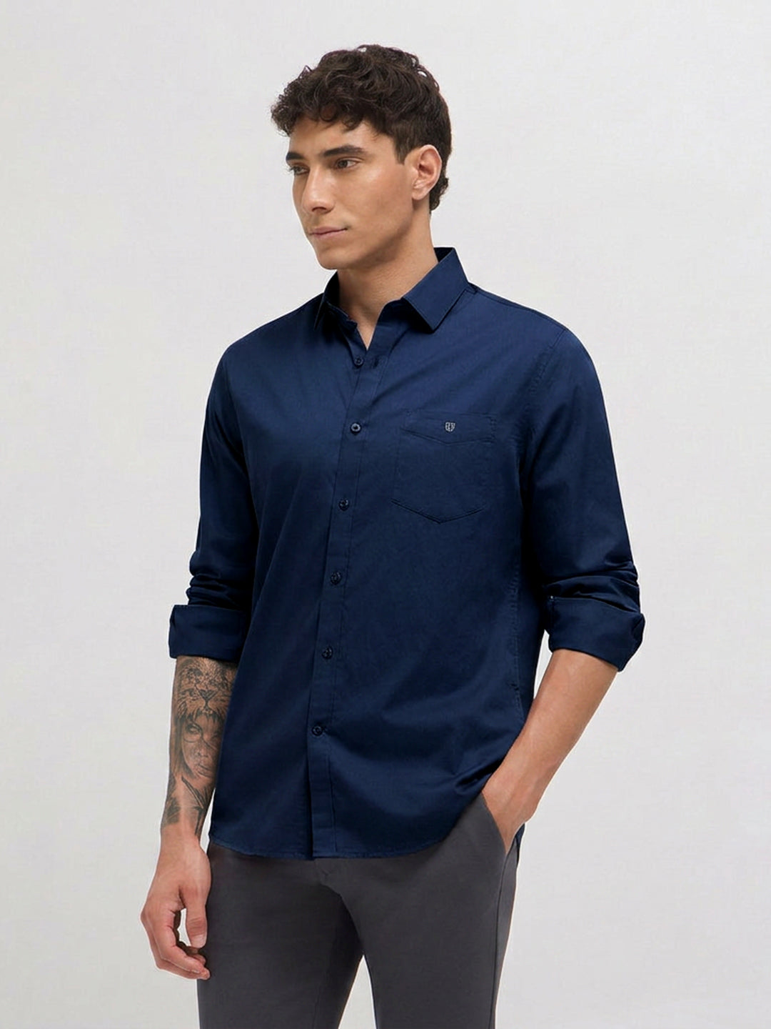 Navy Blue Twill Satin Solid Casual Shirt
