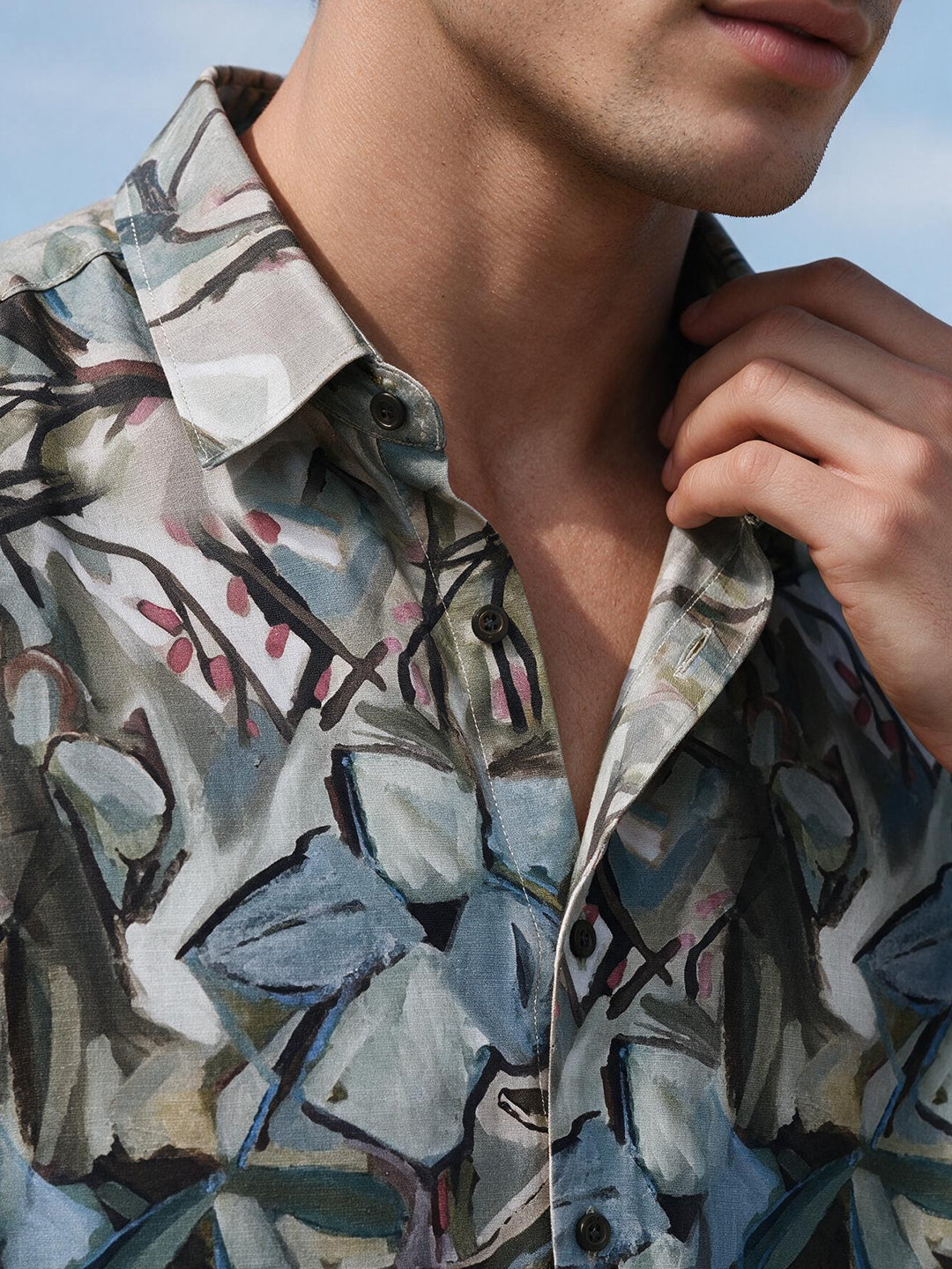 Olive Fog Artistic Leaf Printed Casual Shirt