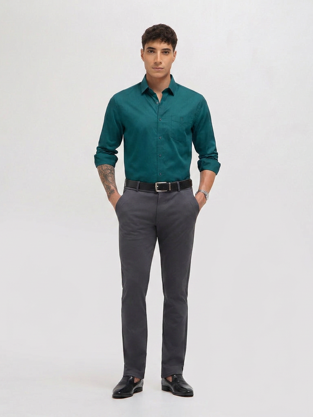 Teal Green Twill Satin Solid Casual Shirt