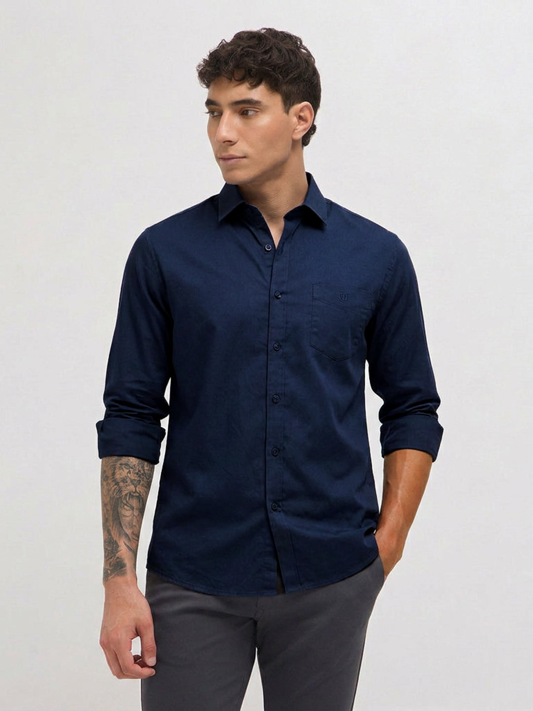 Navy Blue Twill Satin Solid Casual Shirt