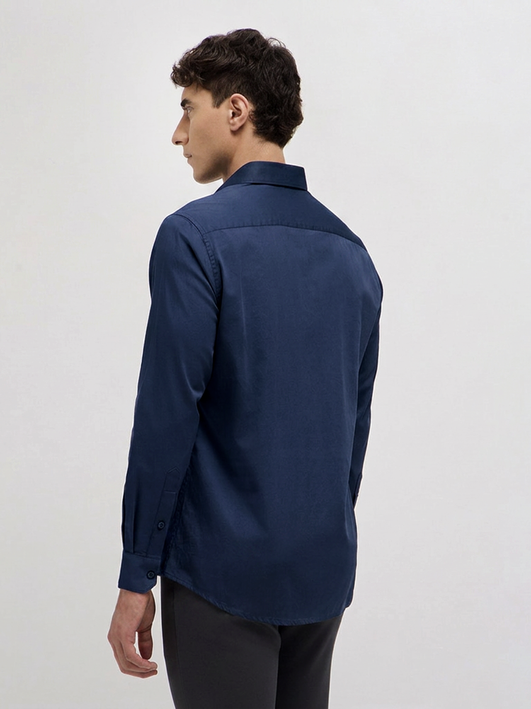 Navy Blue Twill Satin Solid Casual Shirt