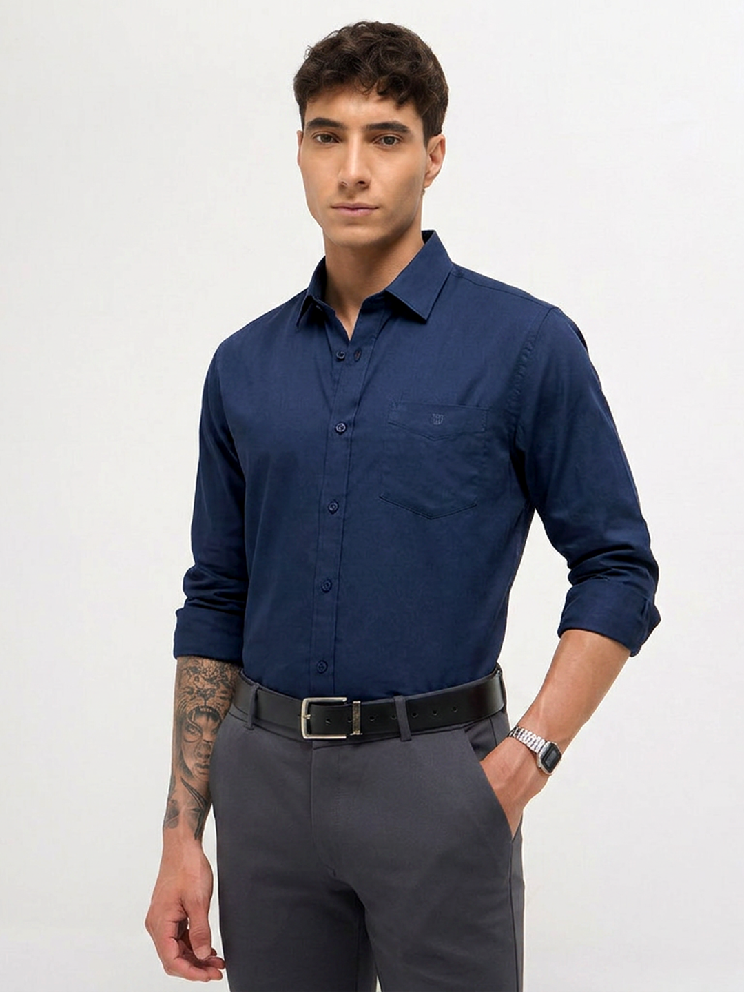 Navy Blue Twill Satin Solid Casual Shirt