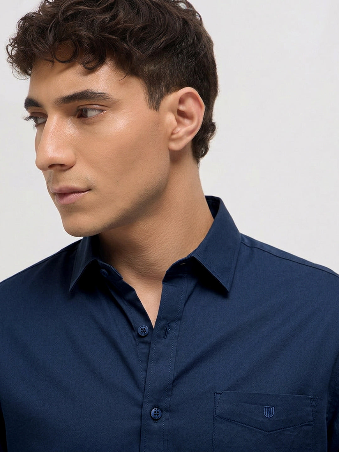 Navy Blue Twill Satin Solid Casual Shirt