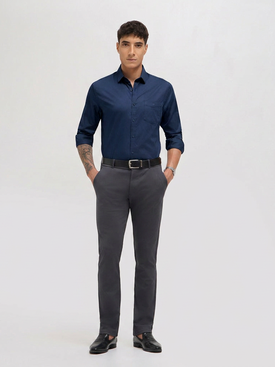 Navy Blue Twill Satin Solid Casual Shirt
