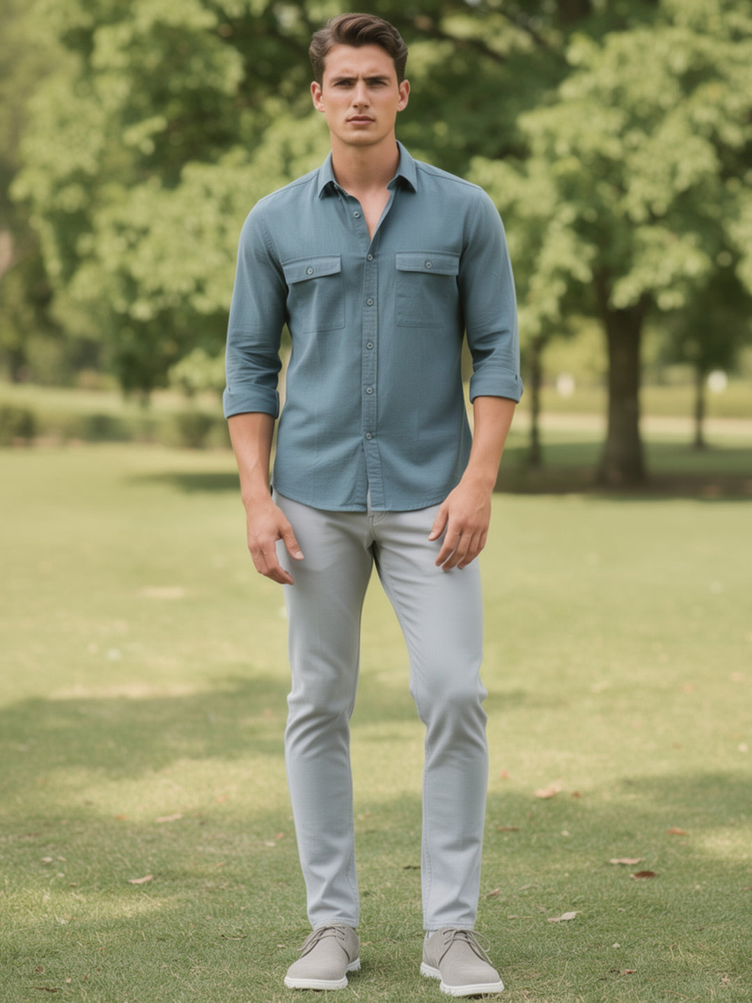 Sage Ocean Green Plain Casual Shirt With Dual Pockets