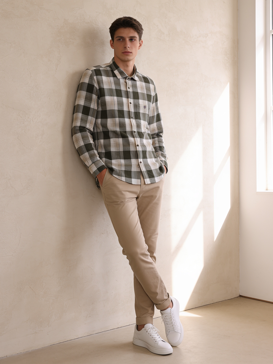 Olive Stone Checked Casual Shirt