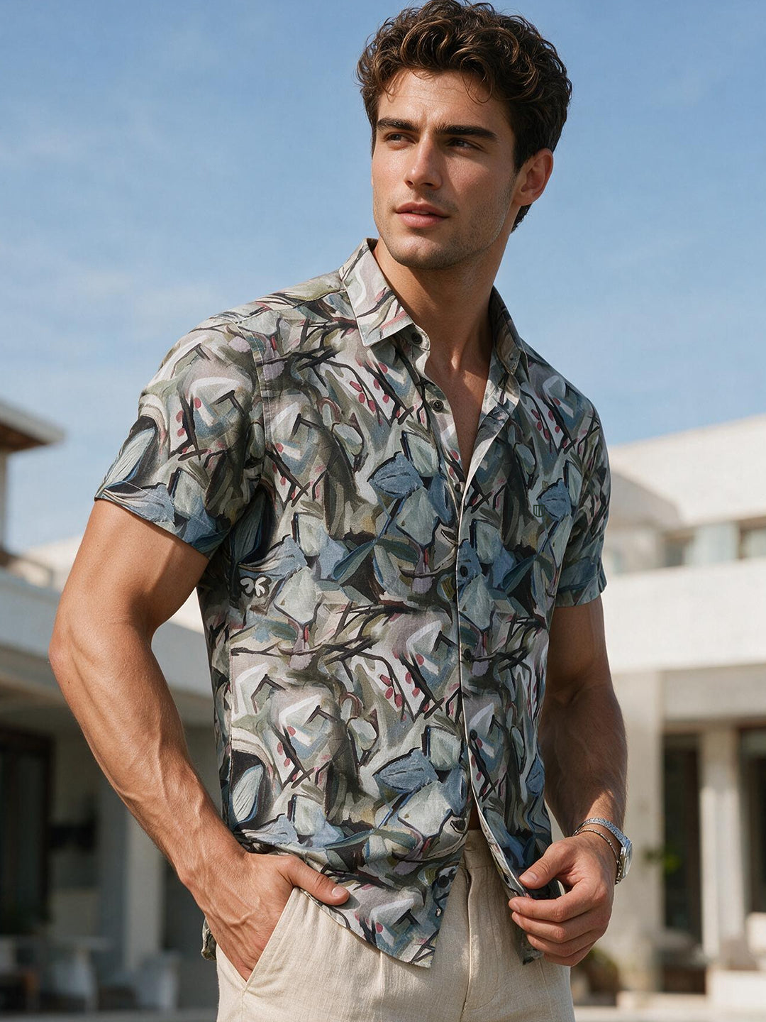 Olive Fog Artistic Leaf Printed Casual Shirt