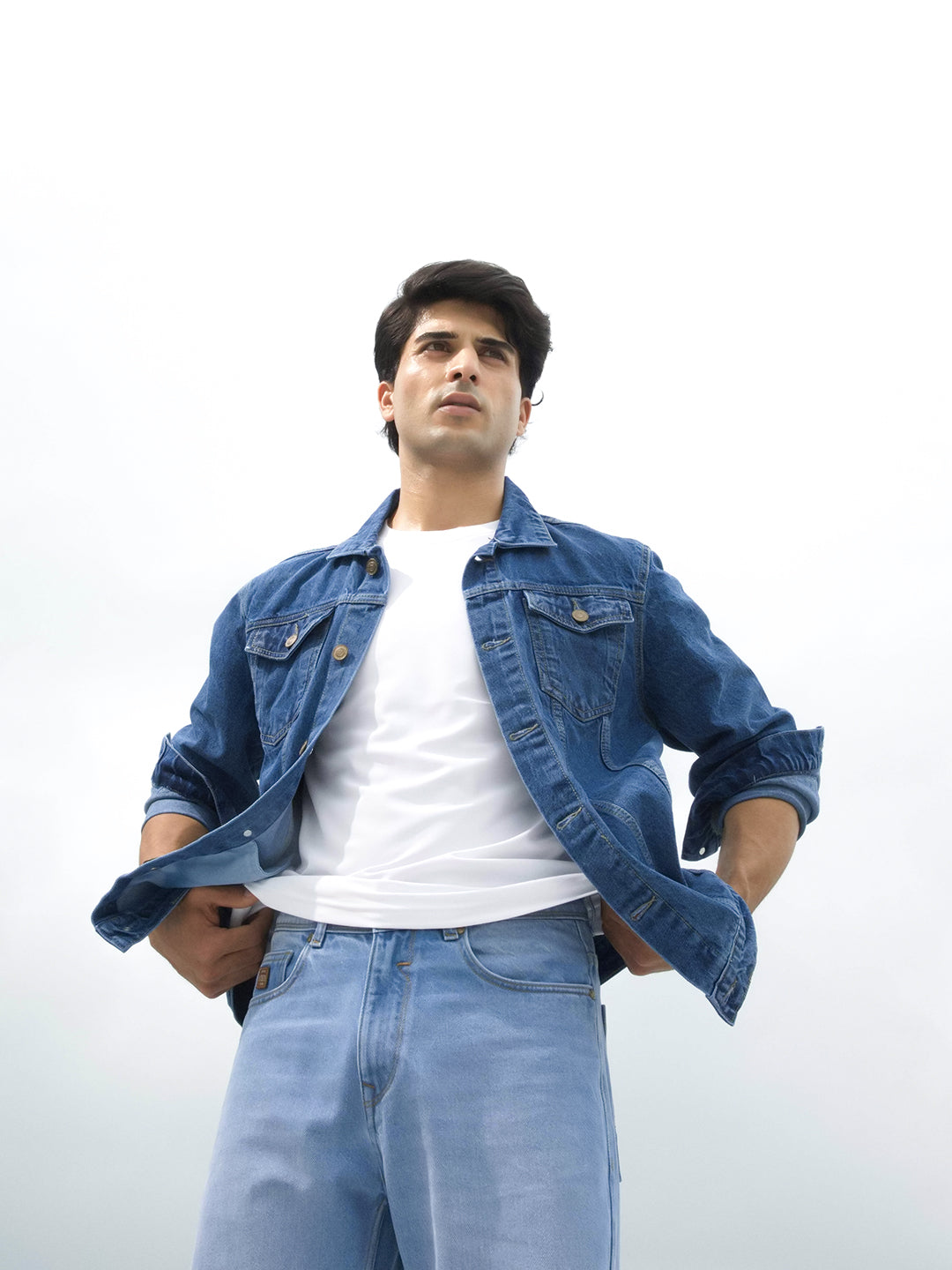 Mid Blue Plain Denim Jacket With Dual Pockets
