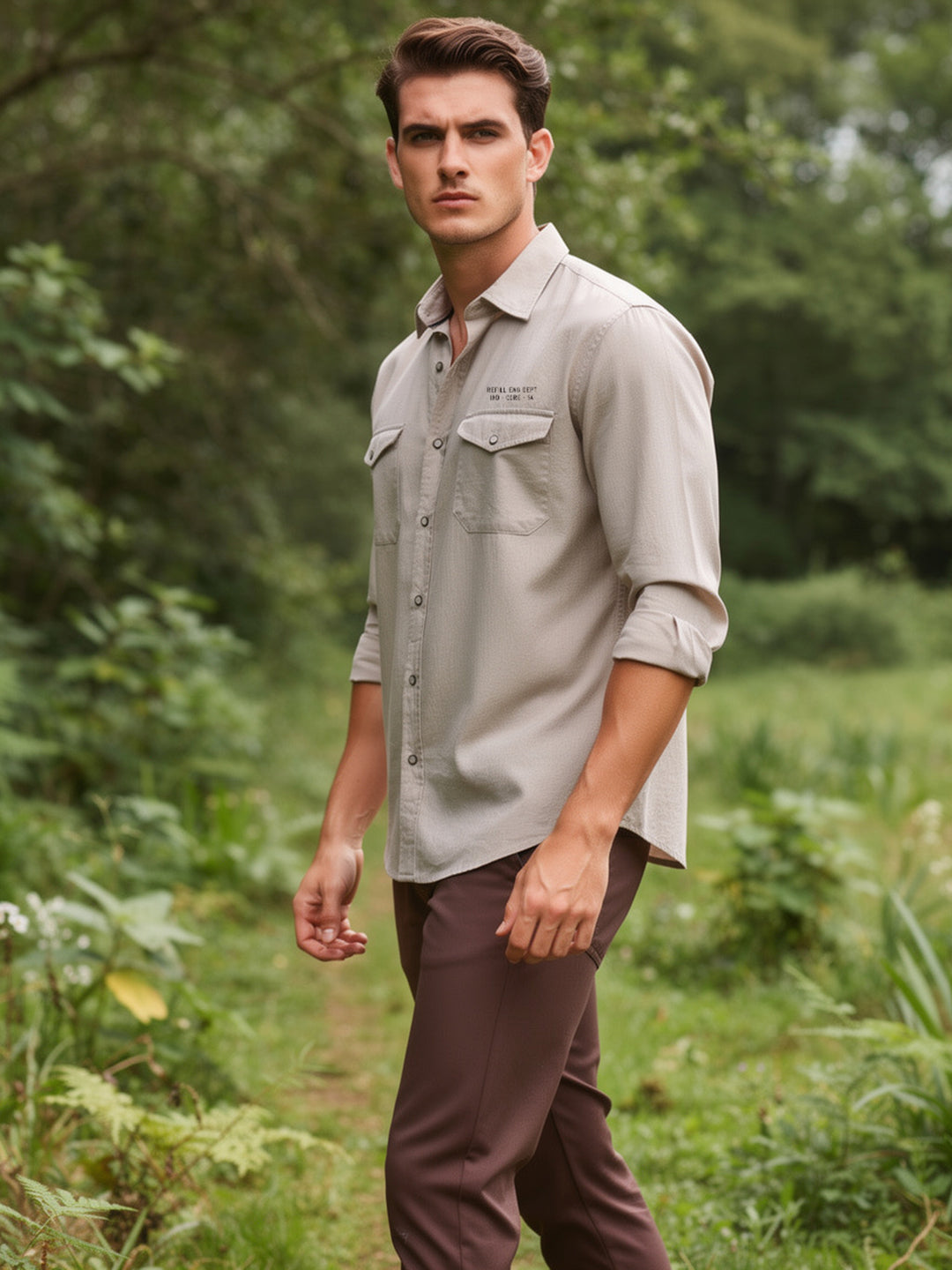 Desert Sand Beige Printed Casual Shirt With Dual Pockets