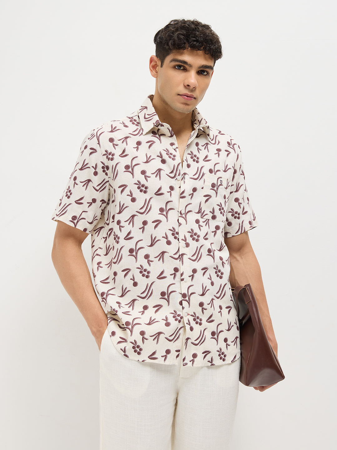Maroon and Cream Leaf Printed Casual Shirt