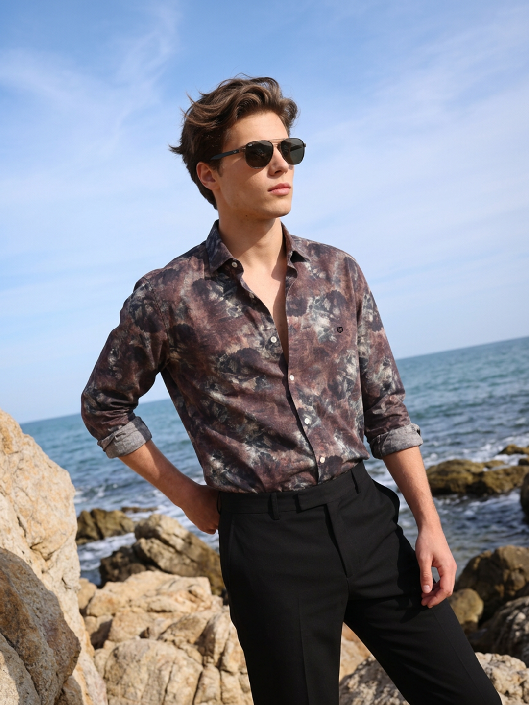 Cinder Brown Vintage Floral Printed Casual Shirt