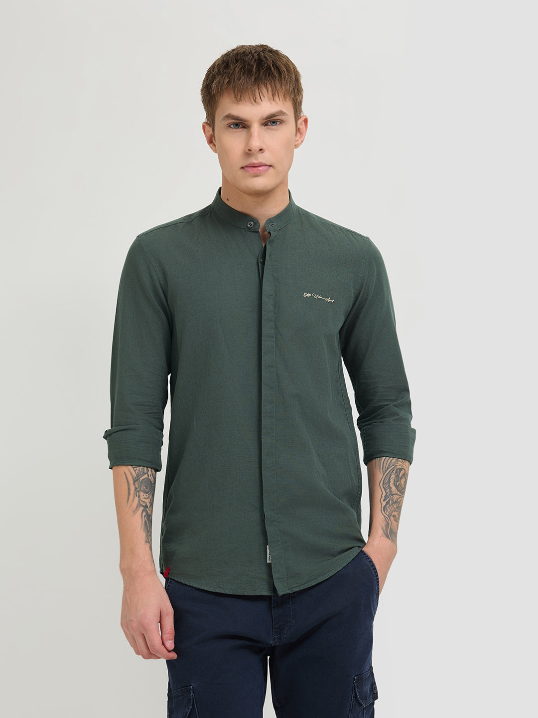 Dark Sage Green Textured Printed Solid Casual Shirt