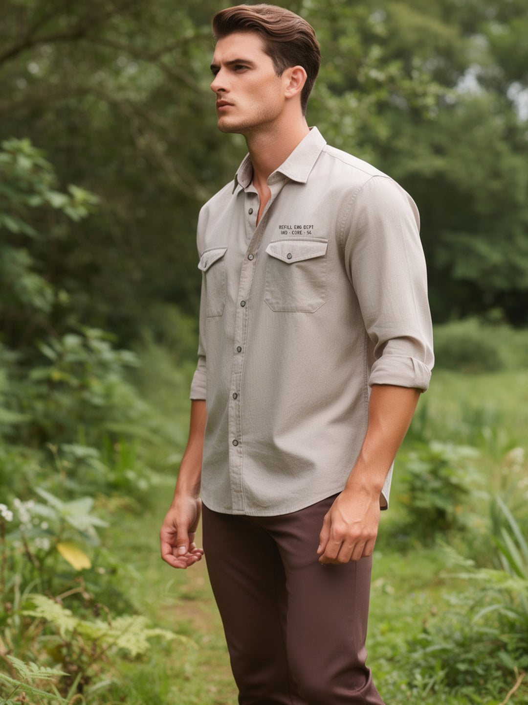 Desert Sand Beige Printed Casual Shirt With Dual Pockets