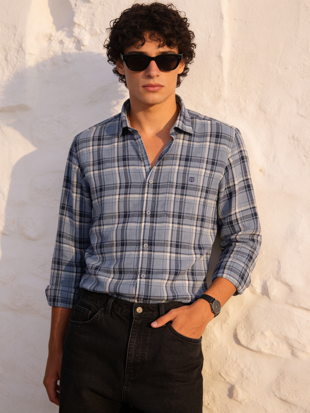 Pebble Blue Grey Checked Casual Shirt