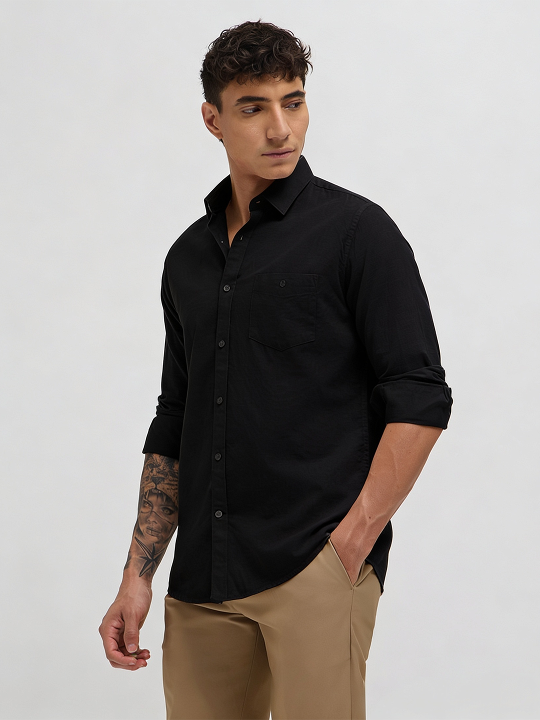 Black Cotton Linen Solid Casual Shirt