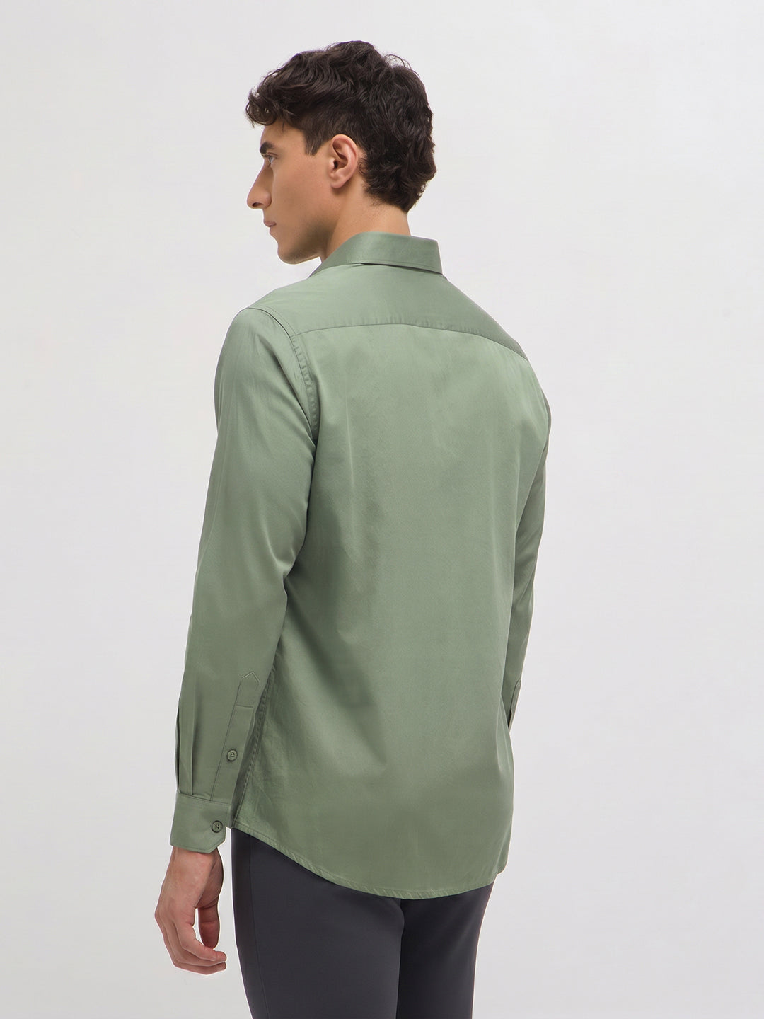 Pista Green Twill Satin Solid Casual Shirt