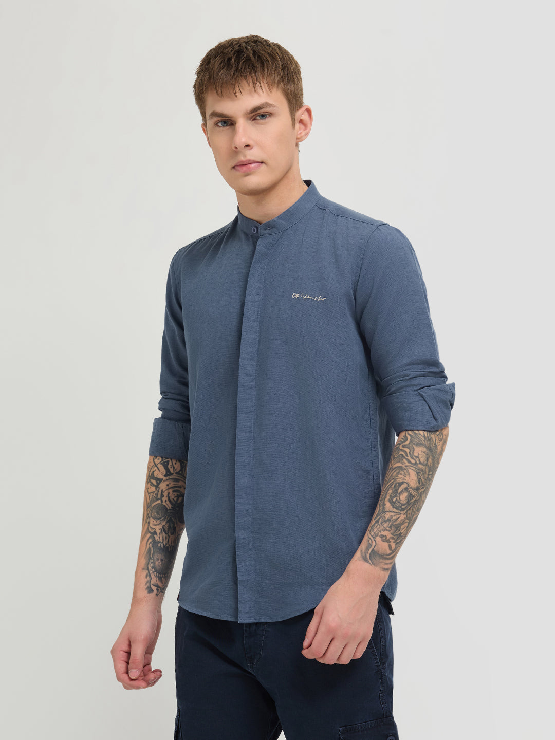 Orion Blue Textured Printed Casual Shirt