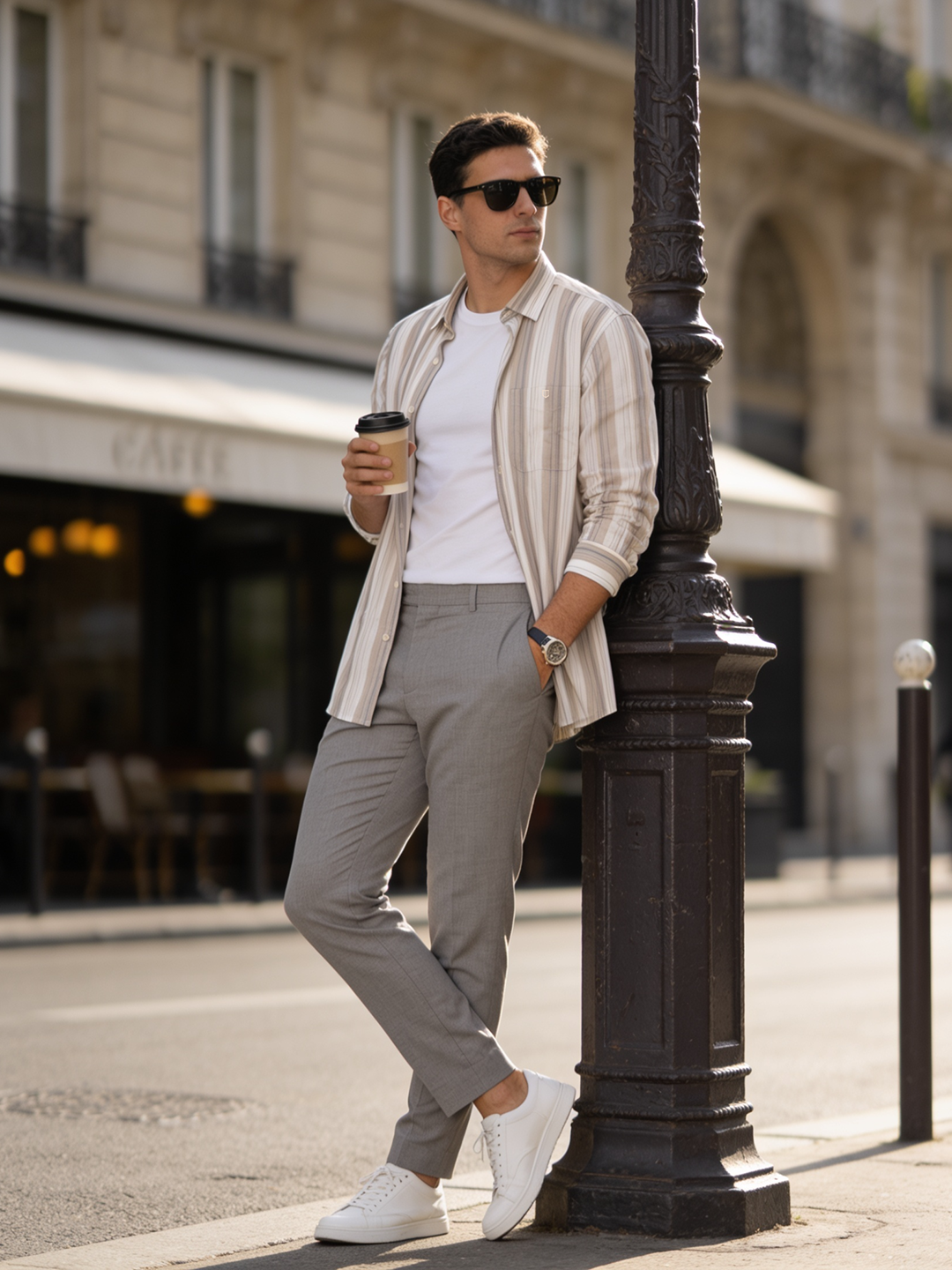 Cream Taupe Striped Casual Shirt
